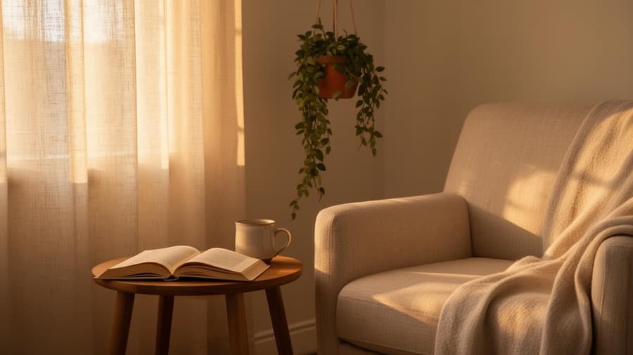 Warm reading nook with afternoon light